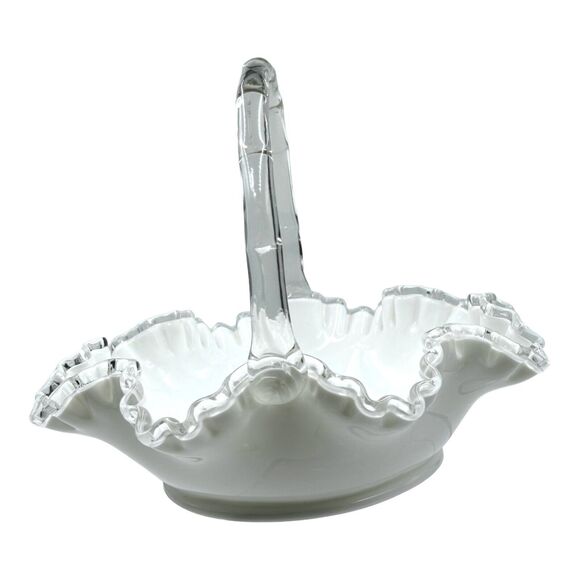 Vintage Fenton Silver Crest Bridal Basket White Ruffled Clear Edges Handle Large - Picture 2 of 16